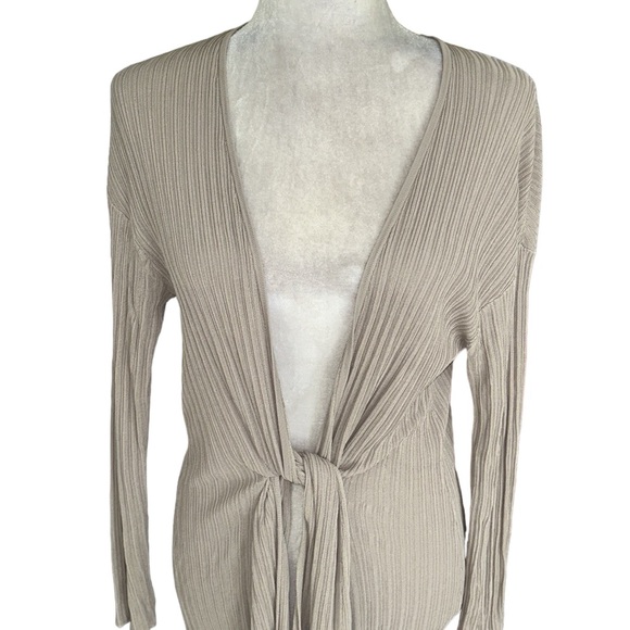 MM Lafleur Graham Beige Ribbed Tie Front Draped Kimono Long Ballet Cardigan - M - Picture 8 of 16